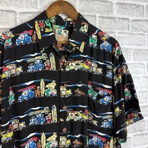 Kahala John Severson Primary Black Surfer Car Print Button Up Camp Shirt Mens XL